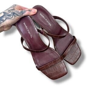 Marc Fisher Dark Brown Caylon Croc Embossed Block Heel Strappy Slide Sandal 6M